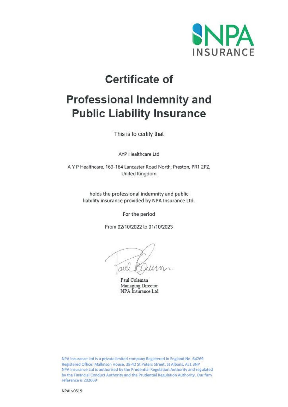 Indemnity Insurance Certificate